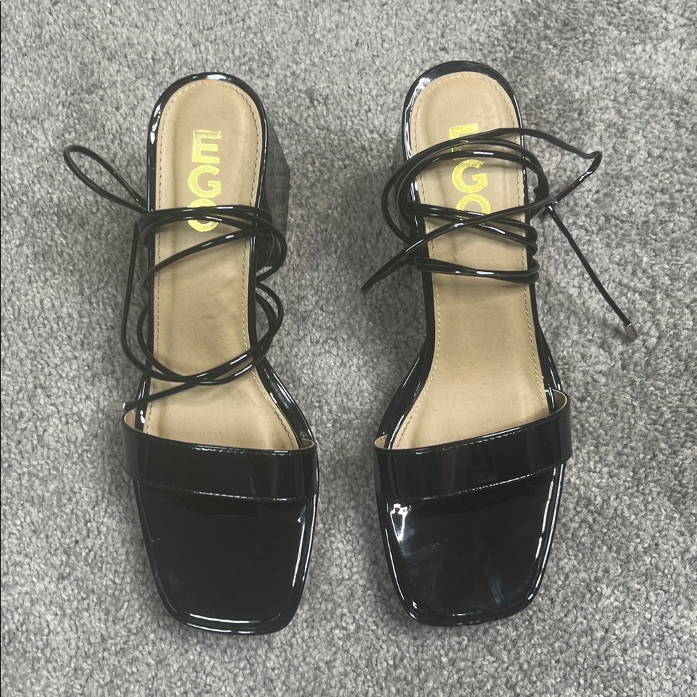 Black Patent Leather Chunky Heel Sandals with Leg Laces 8.5